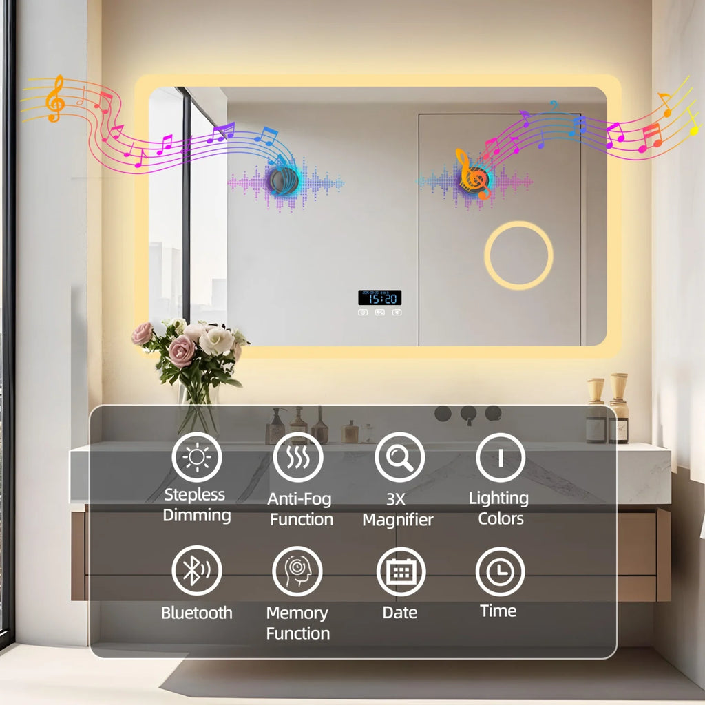 LED Bathroom Mirror with Bluetooth Dimmable Backlit  with 3X Magnifier and Screen Display