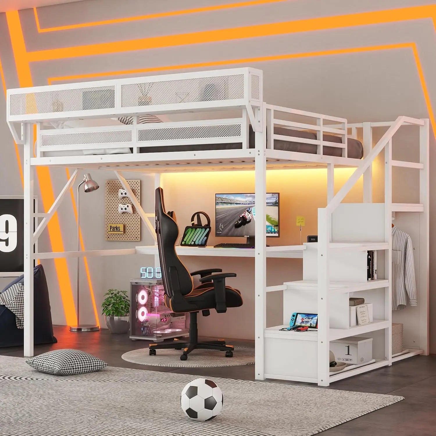 Queen  Metal Loft Bed with Stairs,  Storage, Wardrobe,& Bedside Shelf