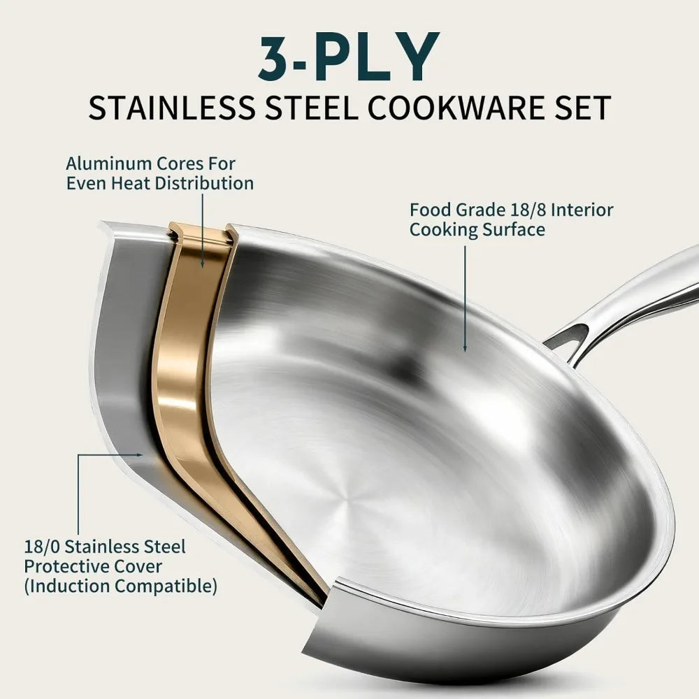 3 Ply Stainless Steel Cookware Set, 10-Pieces Pots and Pans, , Induction & Oven Safe