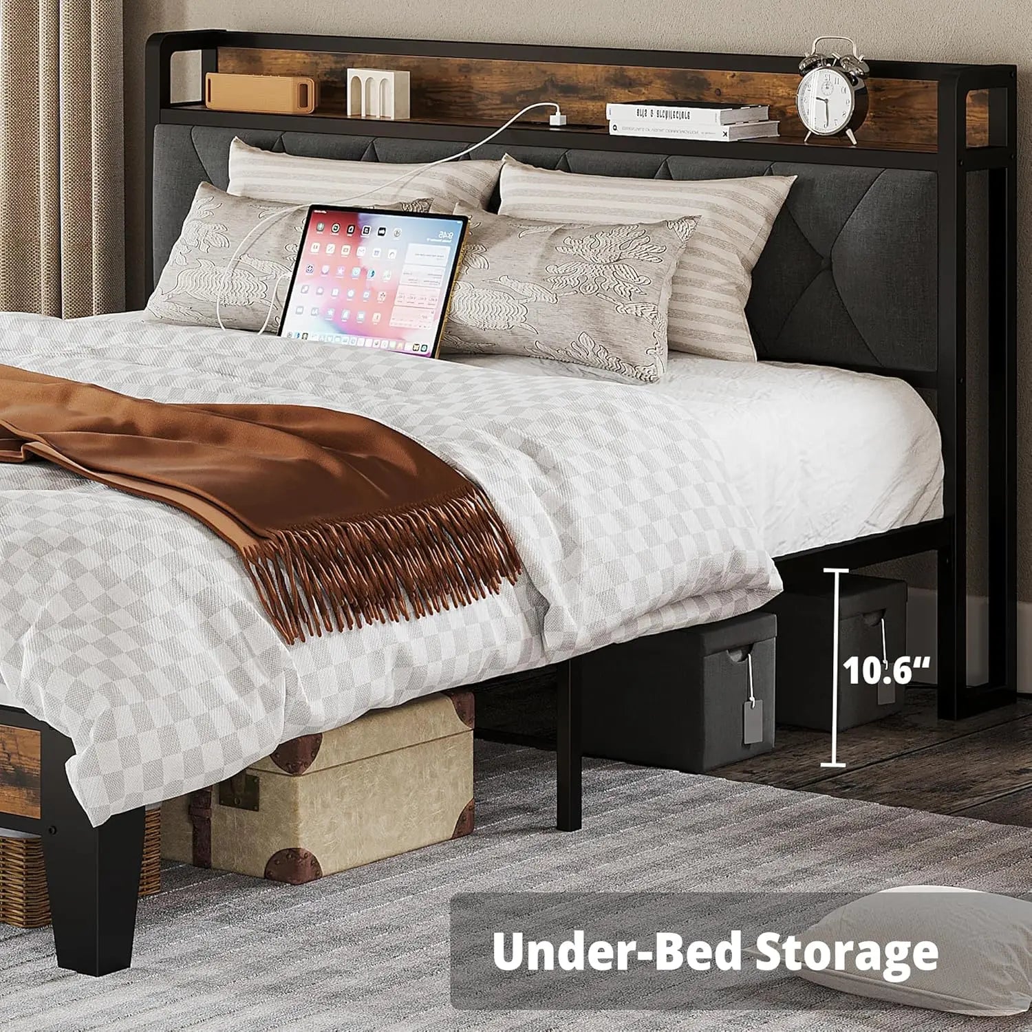 Twin/Twin XL/Full// Bed Frames, Storage Headboard with Outlets, No Noise, No Box Springs Needed