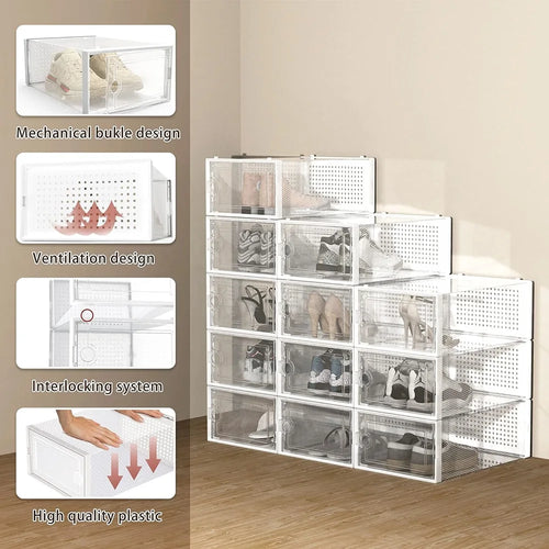 12-Pack Transparent Plastic Stackable Shoe Storage Boxes Foldable Shoe Racks