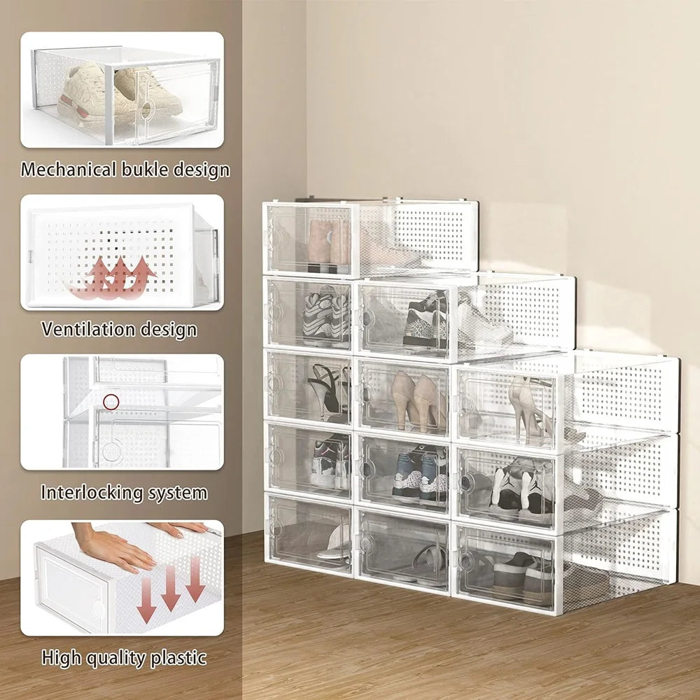 12-Pack Clear Stackable Shoe Storage Boxes, Foldable Closet Organizer