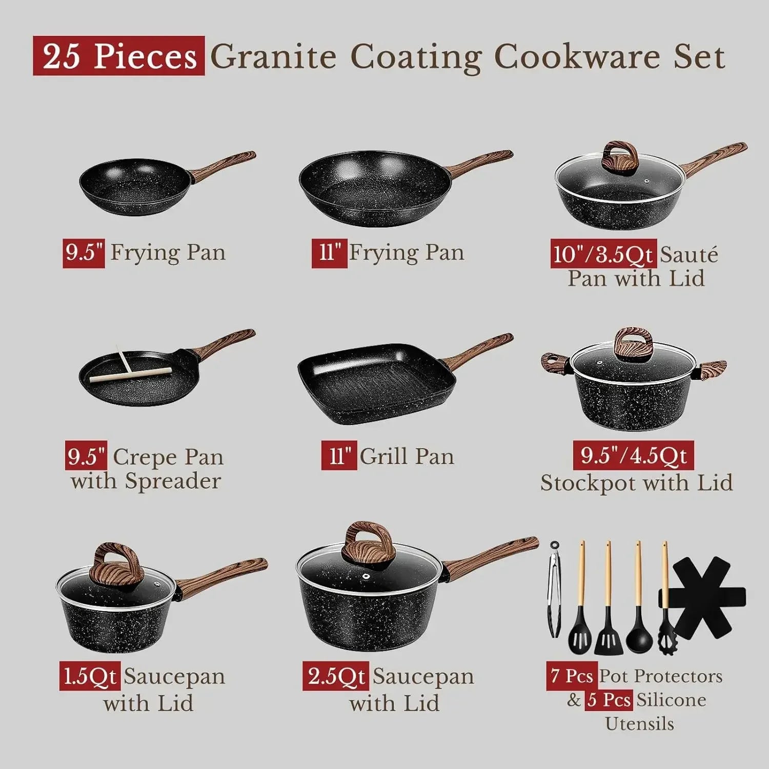 25 Pcs , Nonstick Ceramic Cookware Sets, Non-Toxic, , Induction Compatible,