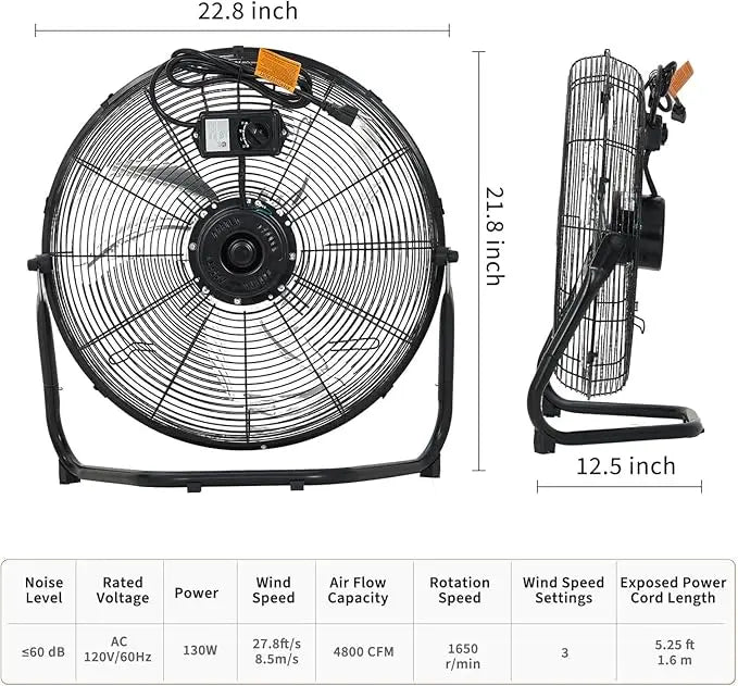 12/20 Inch Floor Fan, 3 Speeds 4800 CFM High Velocity Heavy Duty Fan, 360° Adjustable Tilt,