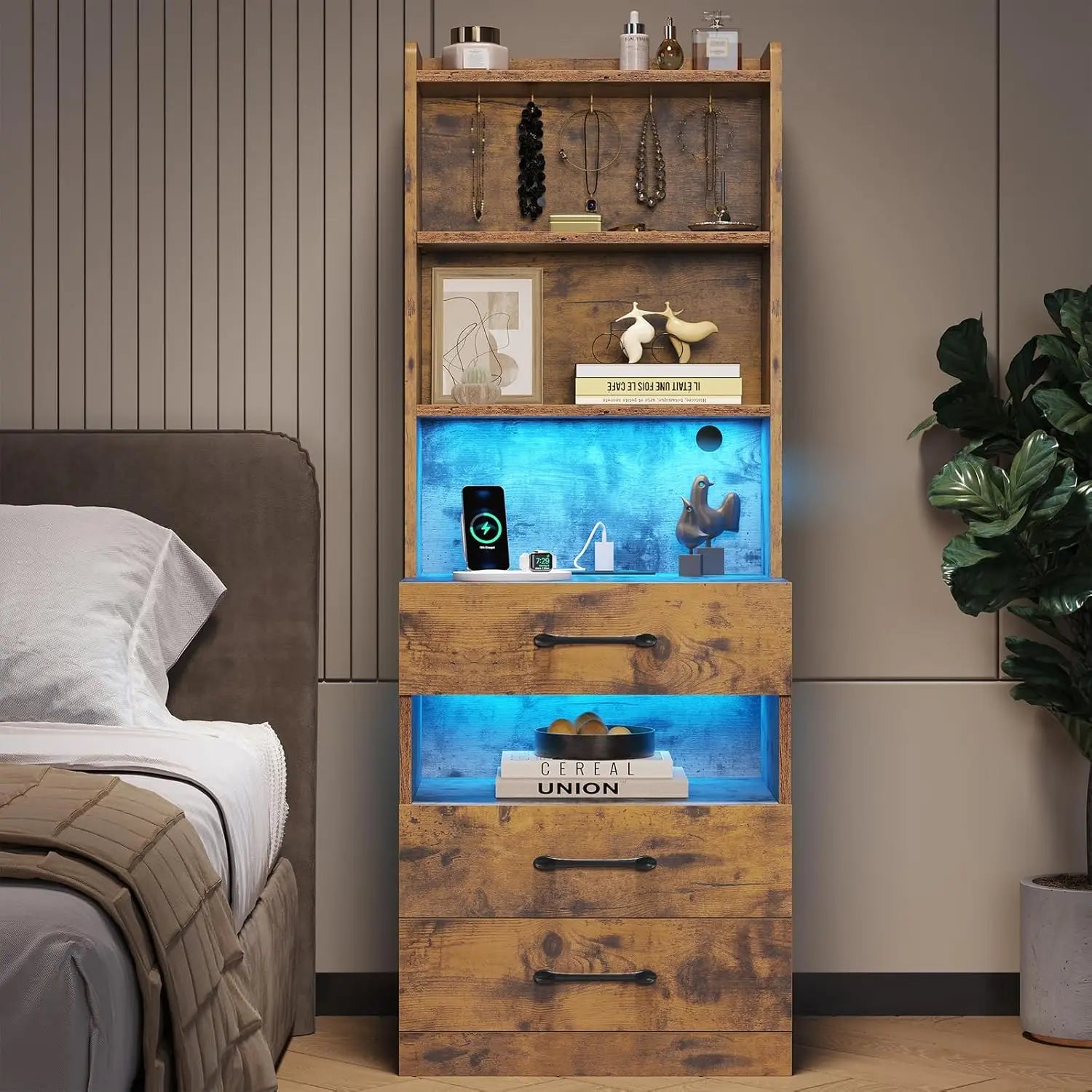 Tall LED Nightstand with Charging Station,  Rustic brown, Bedside Table