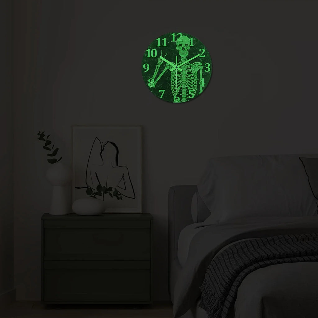 A Modern Horror Skull Luminous Wooden Wall Clock, Silent Non-ticking