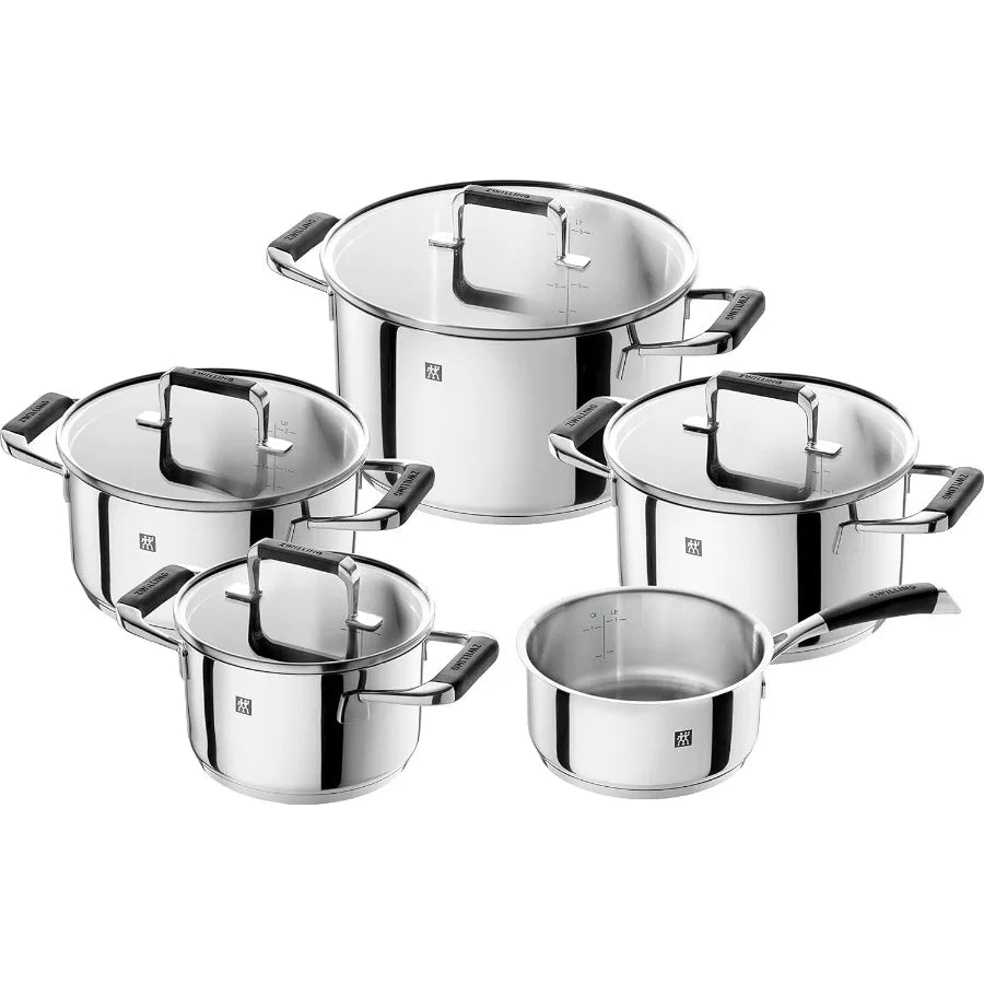 5-Piece Stainless Steel  Saucepan Set,  with Glass Lids &  Silicone Handles,