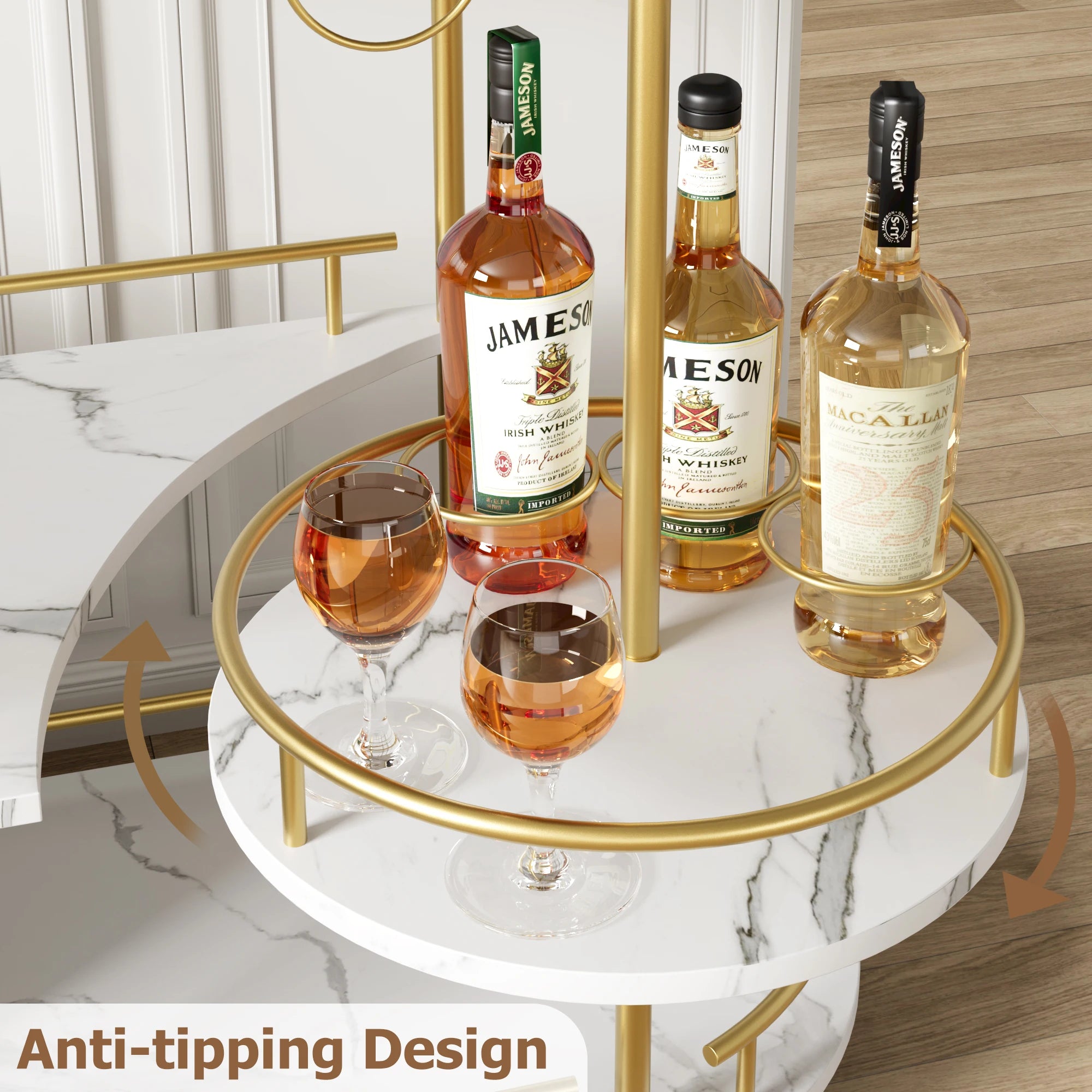 Gold Mobile  Bar Carts with 4-Tiers Storage Serving Shelves Cart On Wheels  and Glass Holder