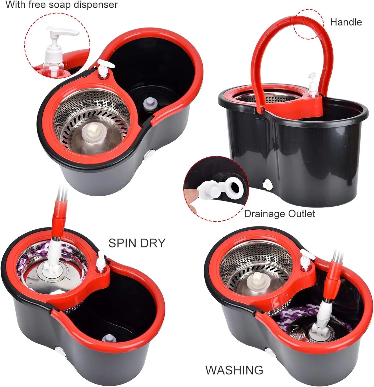 ° Spin Mop Bucket Set with Wringer, Stainless Steel Basket & Rotating Microfiber Mop Head