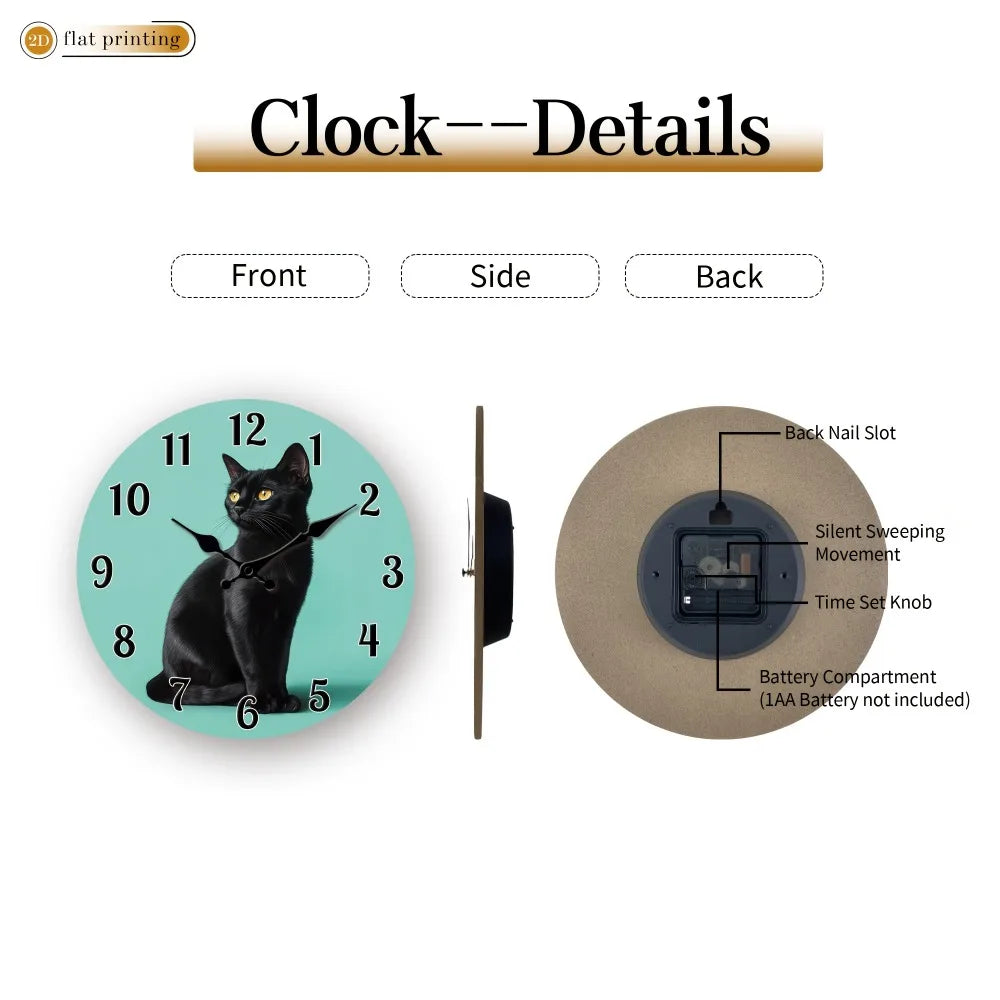 1pc Black Cat Portrait Wall Clock | Wooden Silent Clock, 2D Flat Printing,