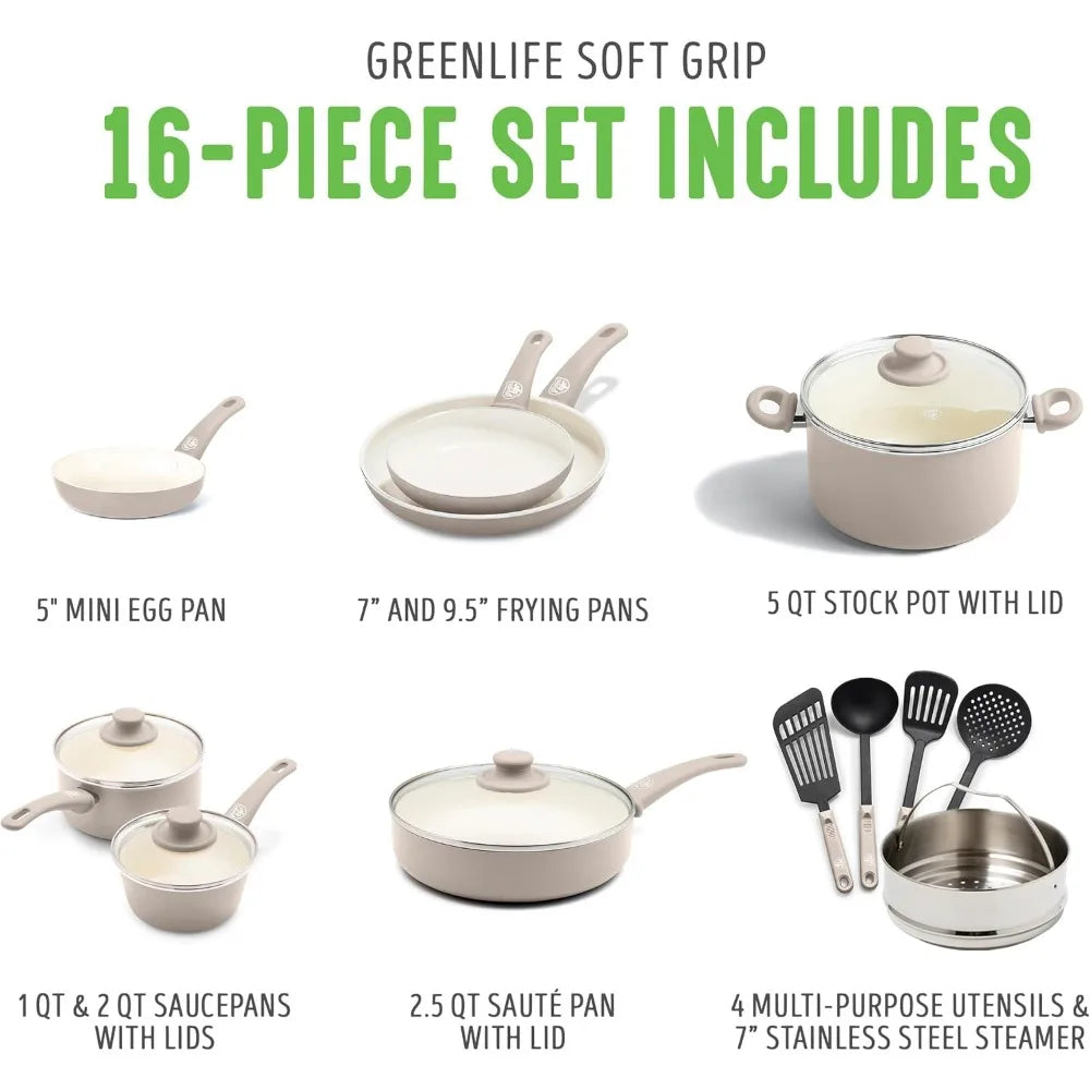 16 Piece  PFAS Ceramic Nonstick Cookware Set, Soft-Grip Dishwasher & Oven Safe