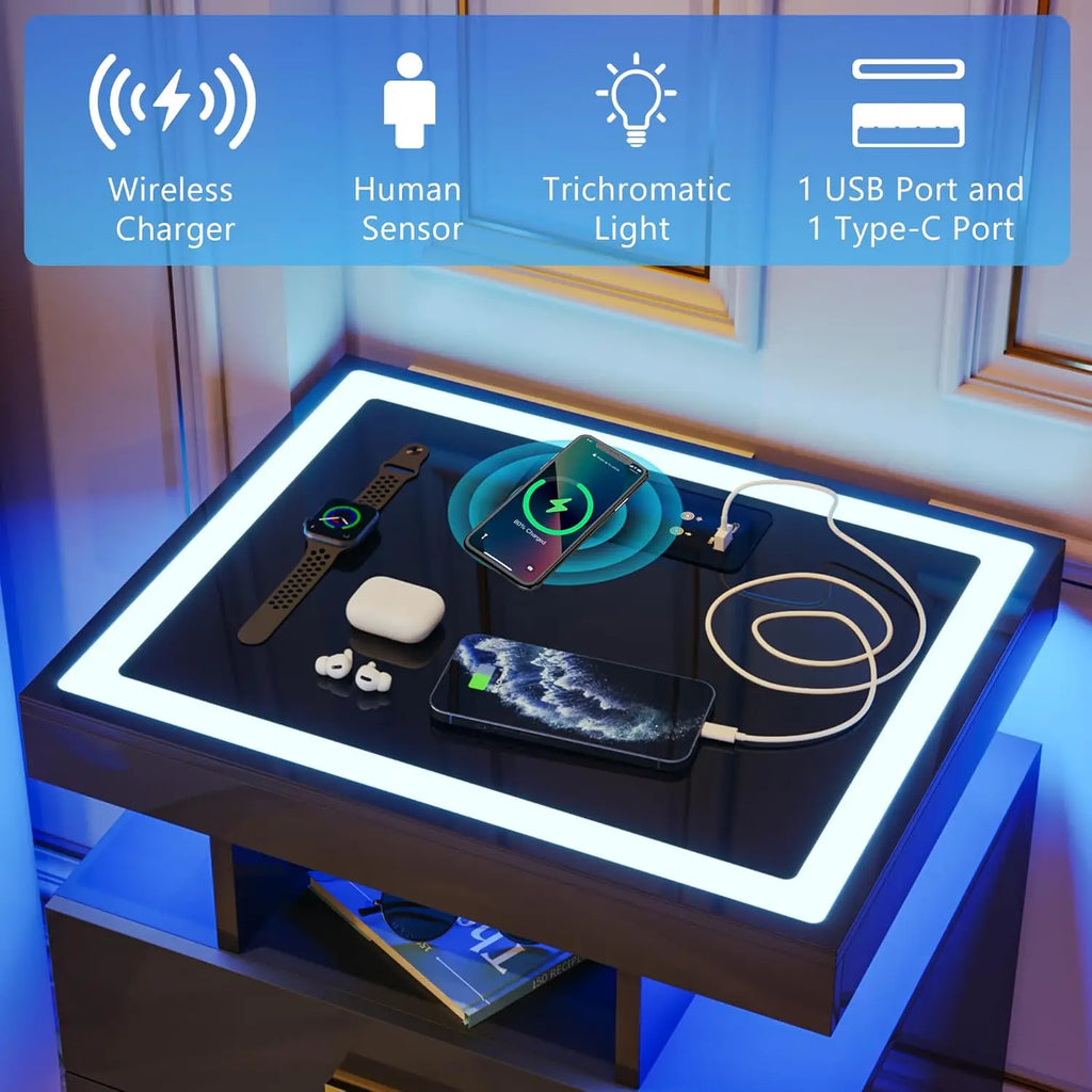 Nightstands with Wireless Charging , Auto Sensor 3 Color Dimmable LED