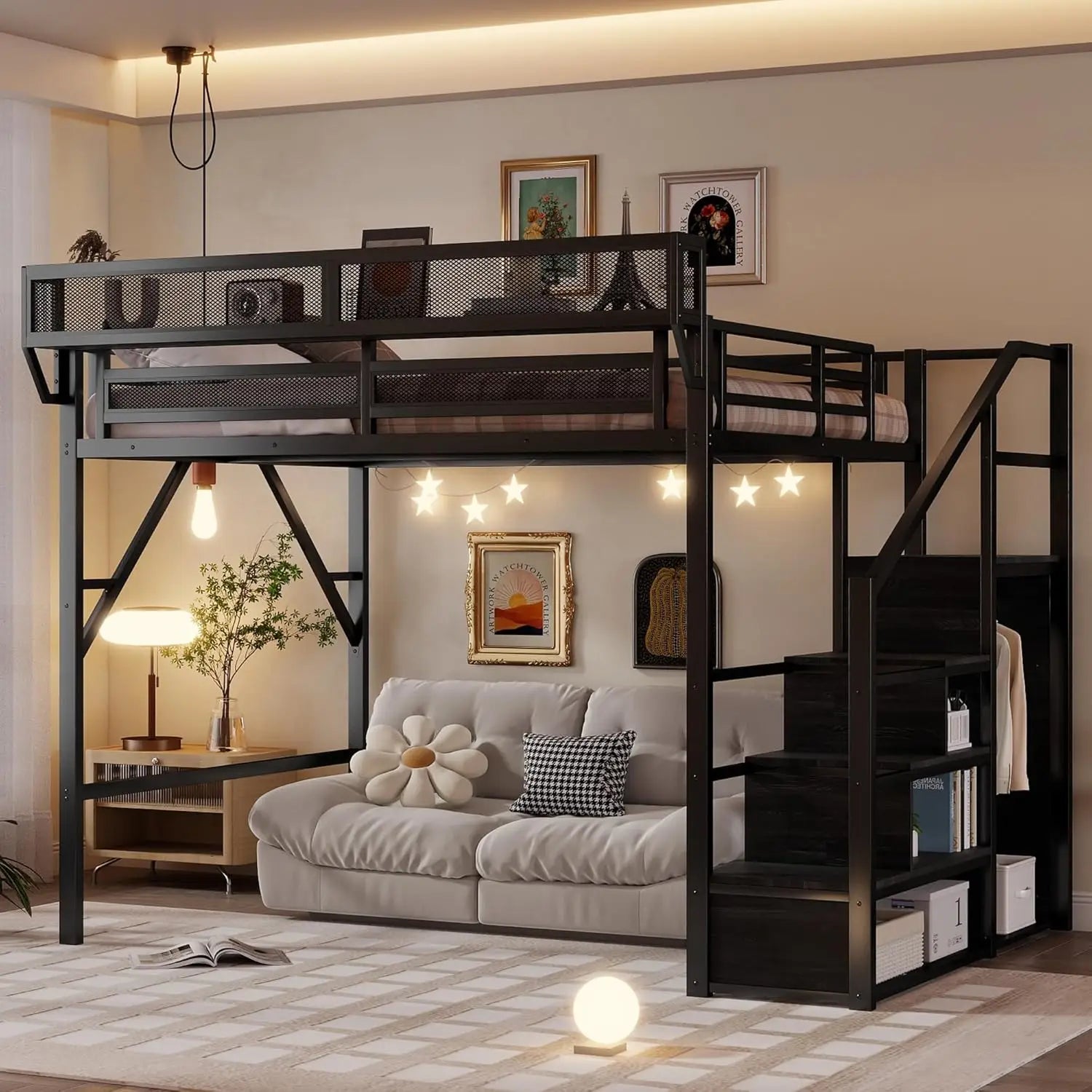 Queen  Metal Loft Bed with Stairs,  Storage, Wardrobe,& Bedside Shelf