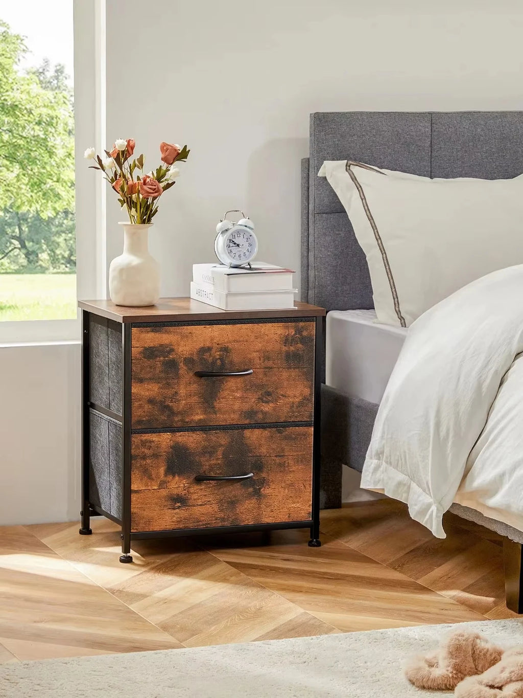 2-Drawer Fabric Nightstand Bedside Table with Storage Cabinet