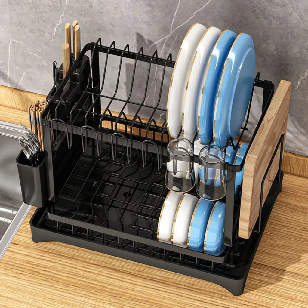 2-Tier Rotating Dish Drying Rack – 360° Swivel Drainboard  & Utensil Holder, No-Drill Metal Organizer