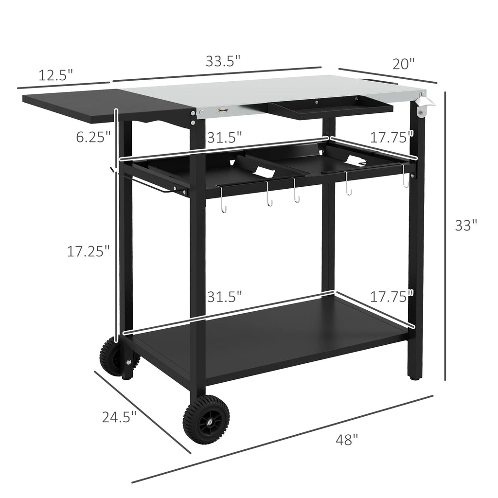 Outdoor Bar Table w/ 2-Tier Shelf, Serving Cart w/ Wheels
