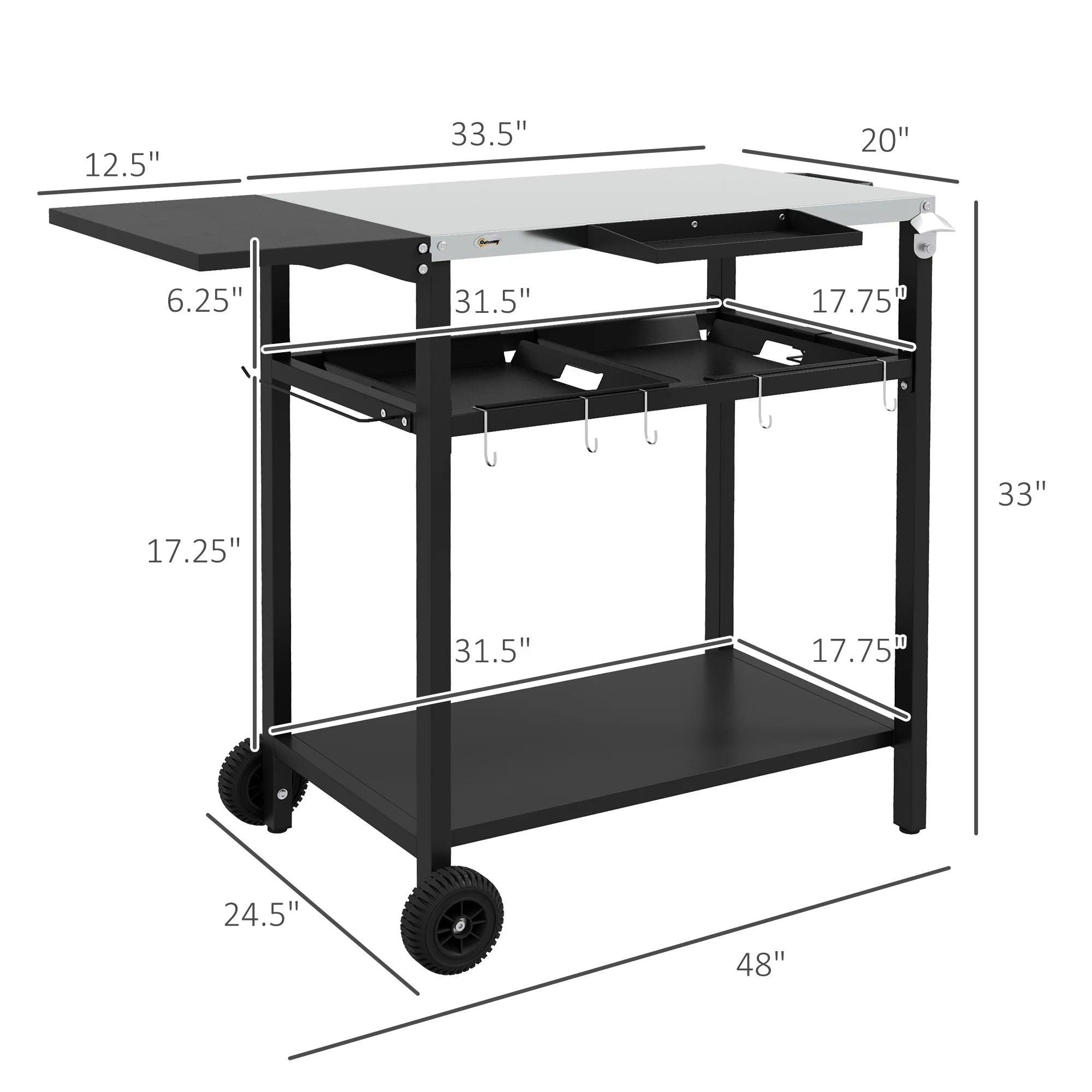 Outdoor Bar Table w/ 2-Tier Shelf, Serving Cart w/ Wheels