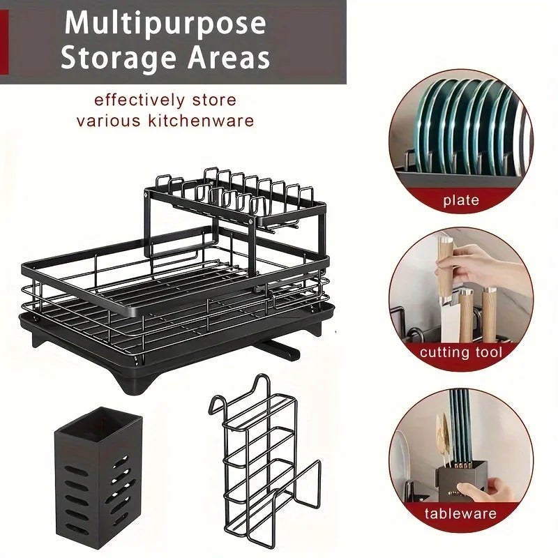2-Tier Expandable Dish Drying Rack with Drainboard, Utensil Holder & Cutting Board Organizer