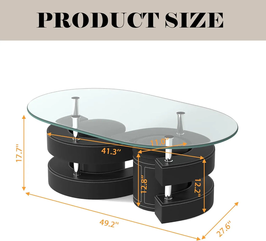 Modern oval glass coffee table set with 2 stools & tempered glass top