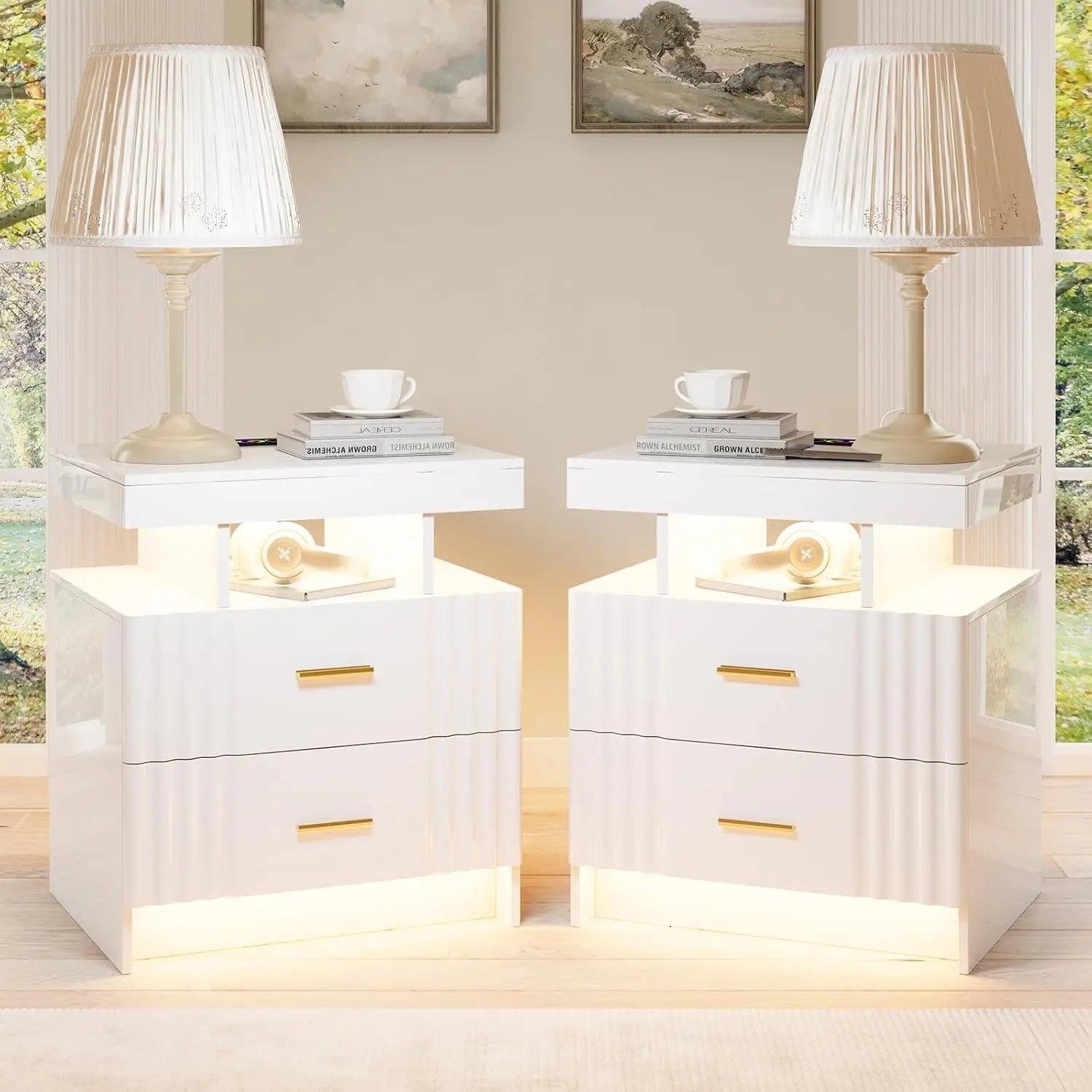 Black Night Stand Set 2  with Wireless Charging 3 Drawers Glass Top