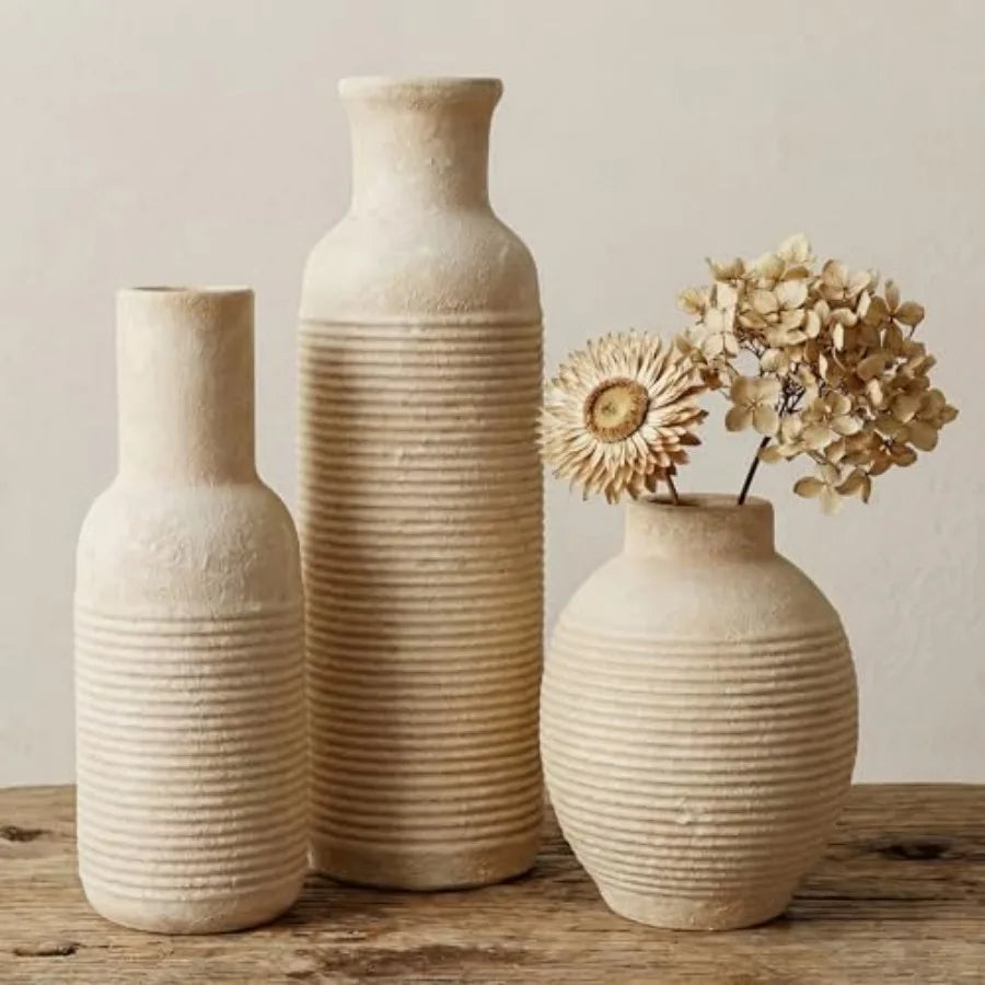 Rustic Farmhouse Ceramic Vase Set of 3 - - Pampas Grass Dried Fresh Flowers -