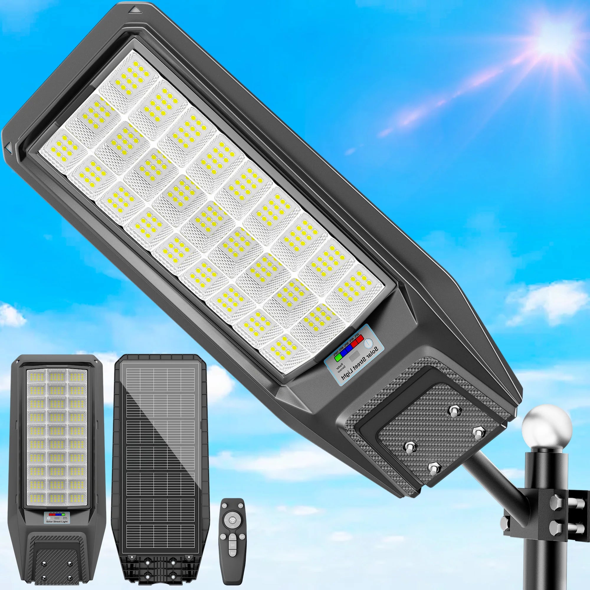 Outdoor waterproof solar light with motion sensor, timer, constant bright mode,