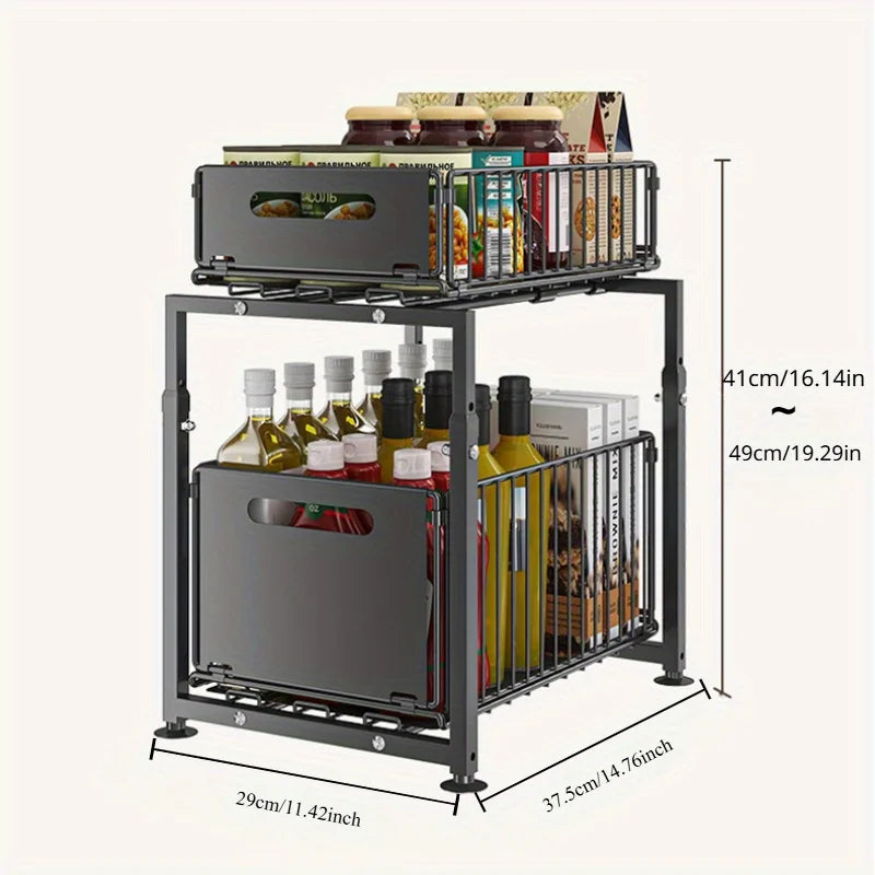 2 Tier Slide Out Cabinet Organizer , Adjustable Metal under sink storage shelf, Heavy Duty