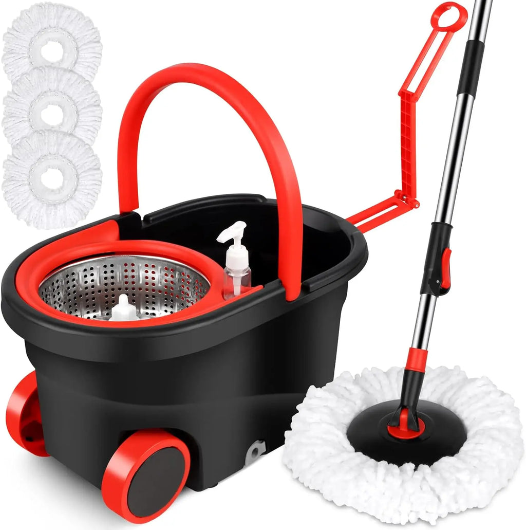 360 Spin Mop Bucket with 3 Microfiber Heads 61'  Handle  & Two Wheels