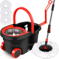 360 Spin Mop Bucket with 3 Microfiber Heads 61'  Handle  & Two Wheels