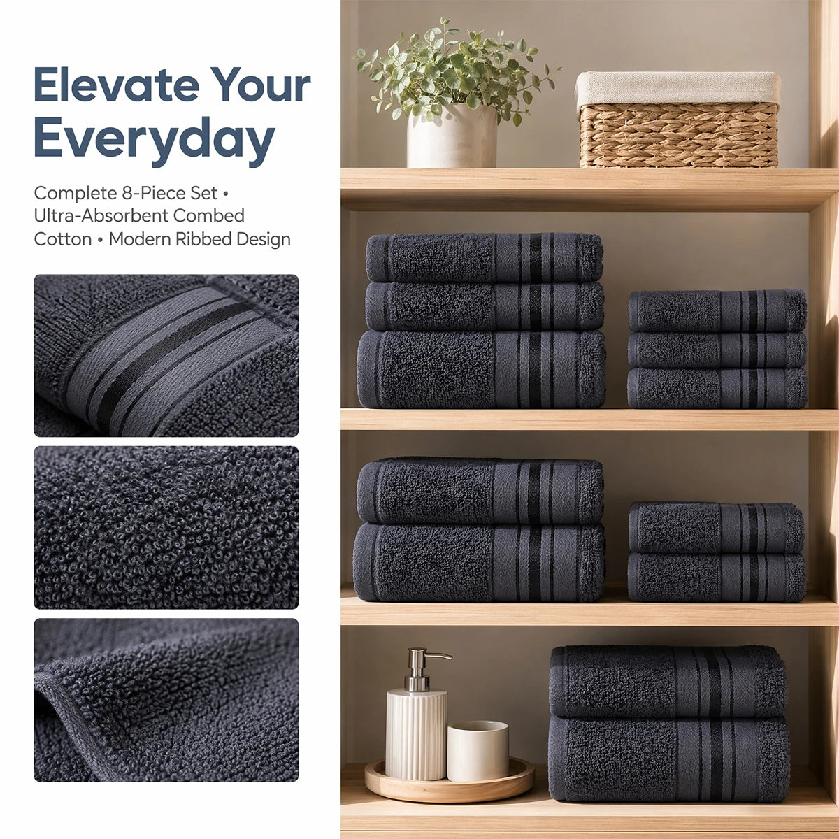 8 Piece Luxury Plush Towel Set, Super Absorbent, Quick Dry, 100% Ring-Spun Cotton, Bath, Hand & Washcloths