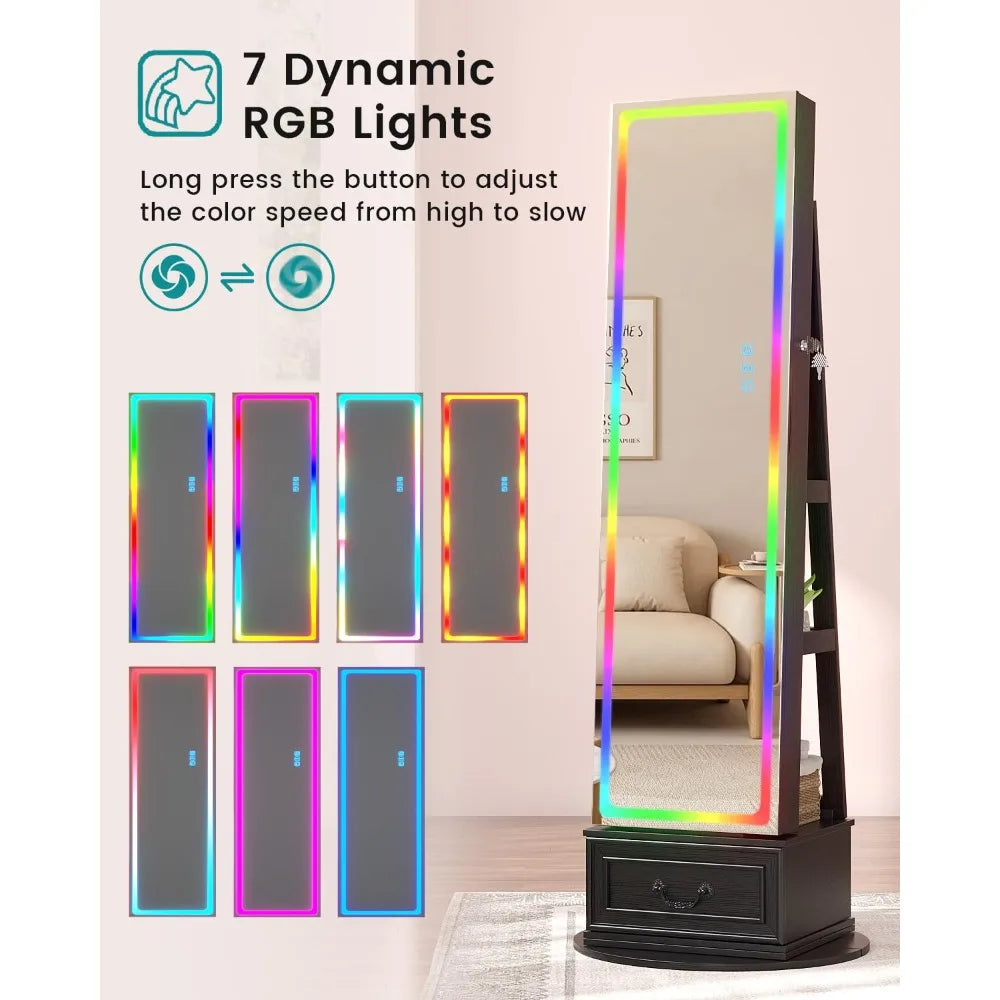 LED Full Length Standing Mirror Jewelry Cabinet with Lights, Lockable with Storage,