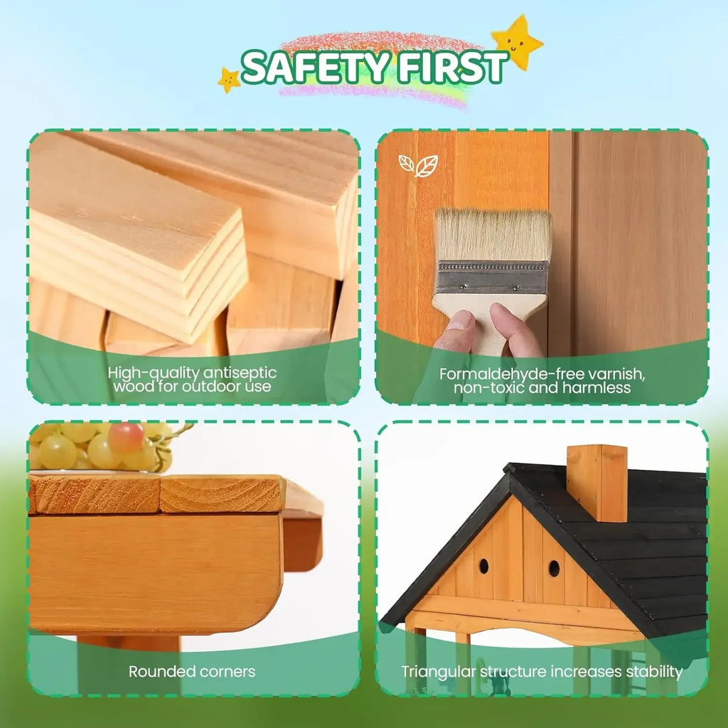 Kids Outdoor Playhouse with Sink Toys, Picnic Table, Mailbox, Spacious Wooden Toddler