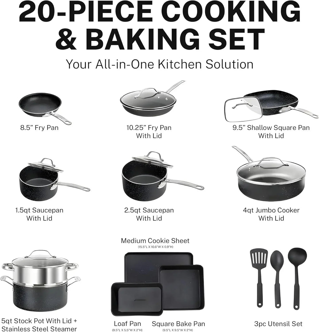 20 Pc  Non Stick Cookware Set , Bakeware, Steamer, Cooking Utensils,