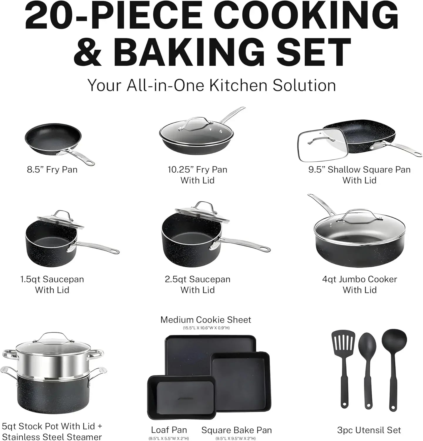20 Pc  Non Stick Cookware Set , Bakeware, Steamer, Cooking Utensils,