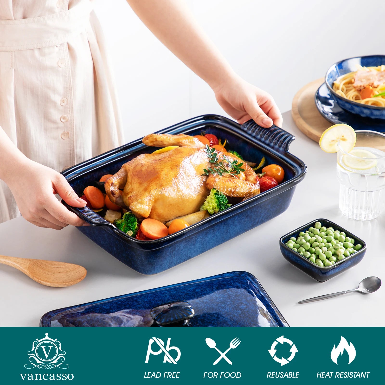 3.8L Blue Stoneware  Casserole Baking Dish with Lid Large Lasagna Pan,  Microwave Safe