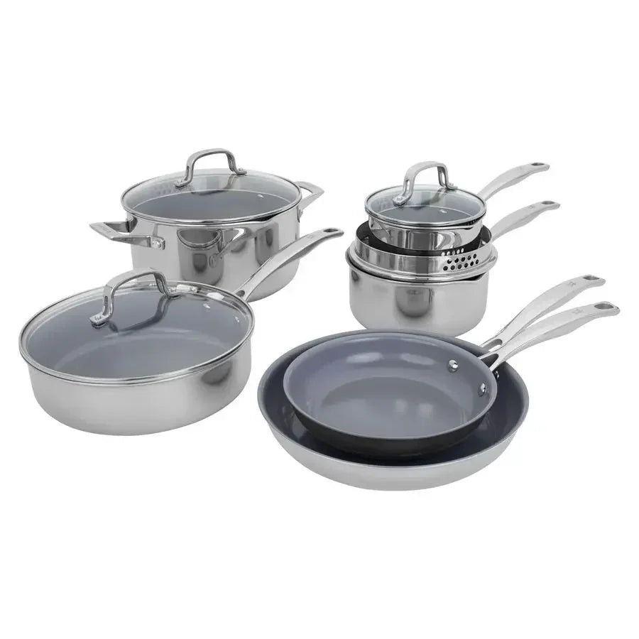 Clad H3 10pc Ceramic Nonstick  Induction Cookware Set,  Durable Stainless Steel, Easy to clean