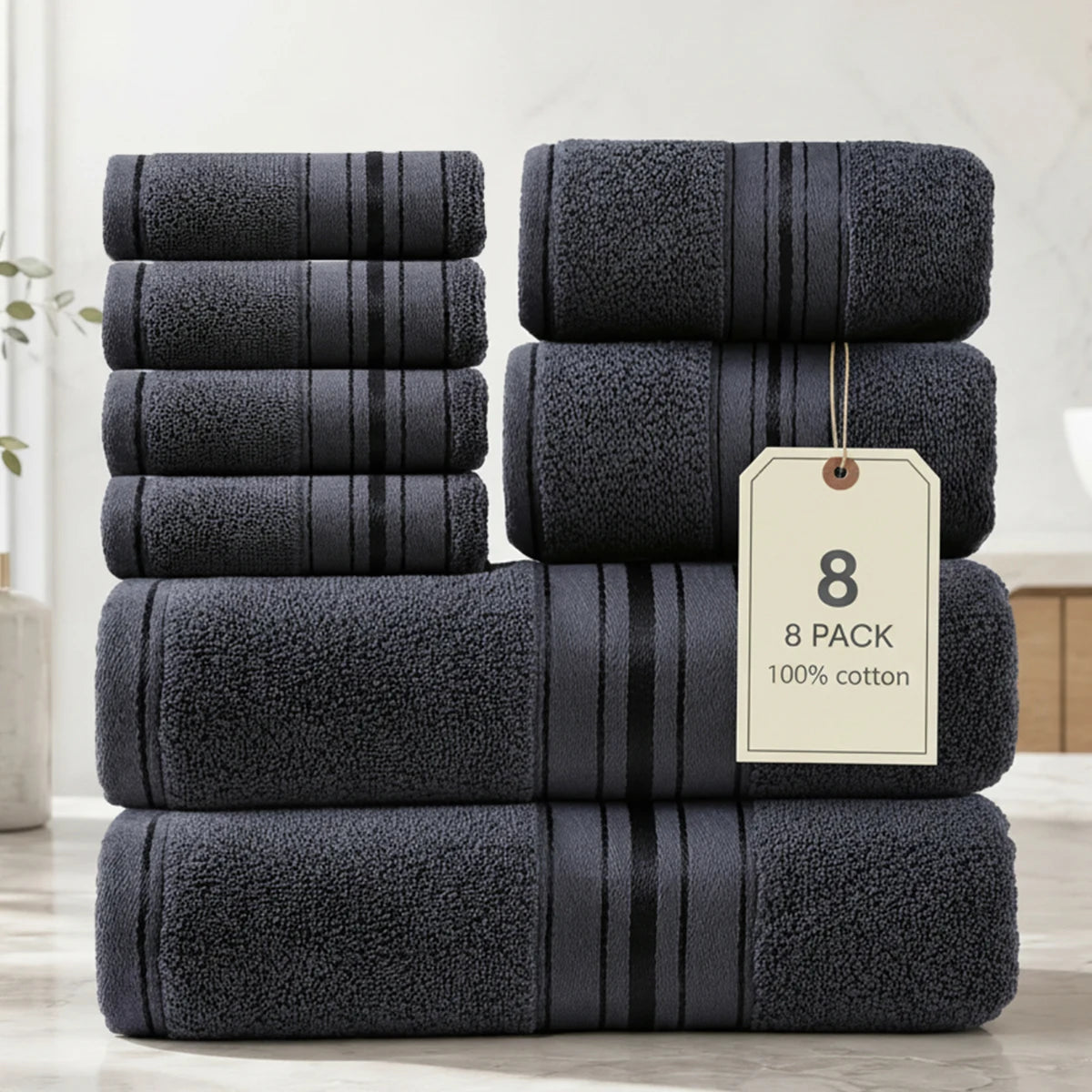 8 Piece Luxury Plush Towel Set, Super Absorbent, Quick Dry, 100% Ring-Spun Cotton, Bath, Hand & Washcloths