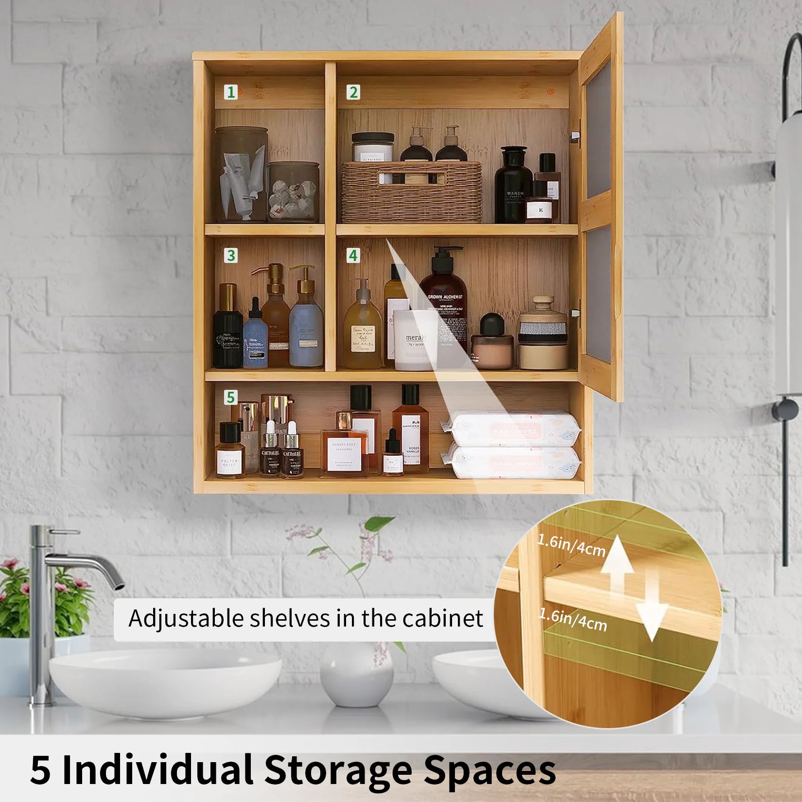 Natural Bamboo Bathroom  Medicine Cabinet with Mirror & 5 Open-Shelves
