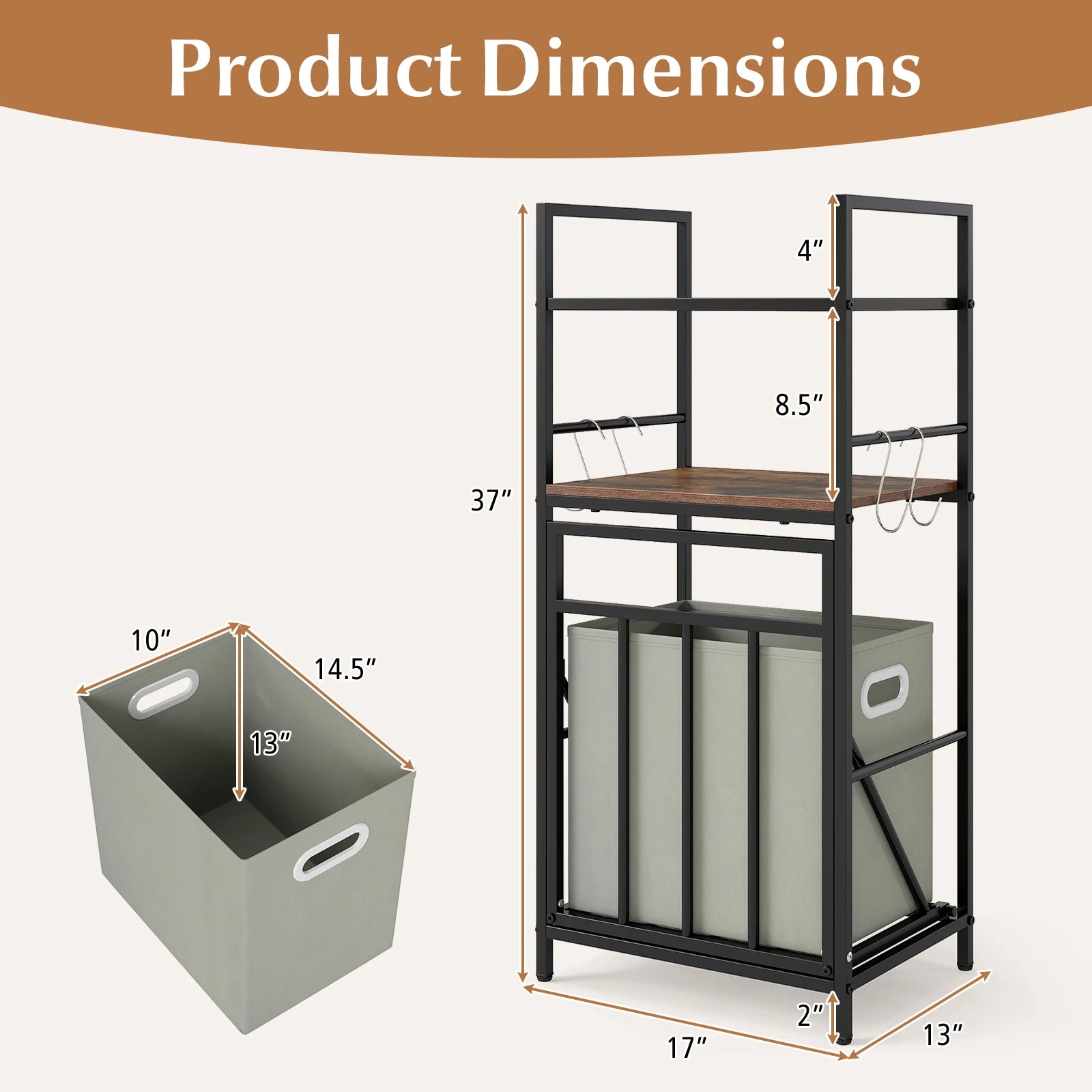 2-Tier Laundry Hamper w/ Tilt-out Basket, Laundry Sorter w/ 4 Hooks & Removable Bag