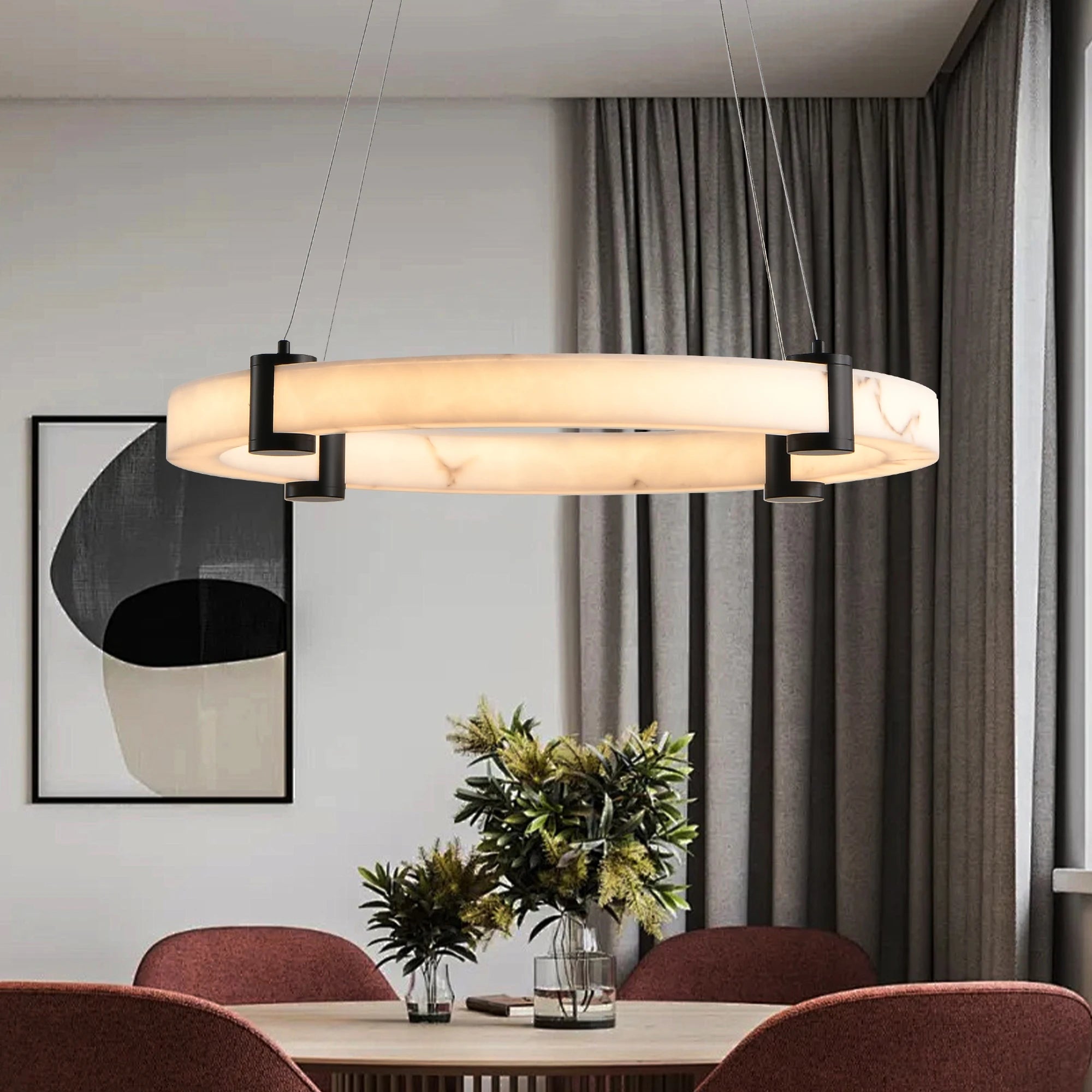 , 23.6" Pendant  Chandelier  Pendant Chandelier Imitation Marble Finish Resin Ring Light, Adjustable Hanging Ceiling Lamp