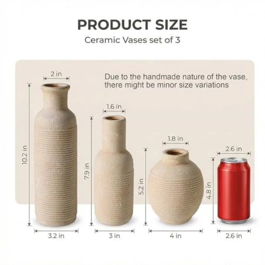 Rustic Farmhouse Ceramic Vase Set of 3 - - Pampas Grass Dried Fresh Flowers -