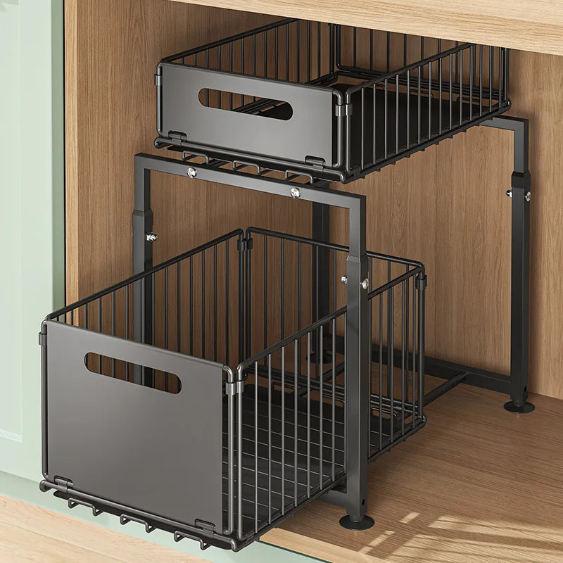 2 Tier Slide Out Cabinet Organizer , Adjustable Metal under sink storage shelf, Heavy Duty