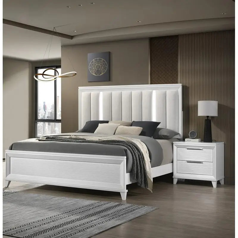King  Bed  & 2 Nightstands 3-Piece Set Upholstered LED Headboard Solid Wood