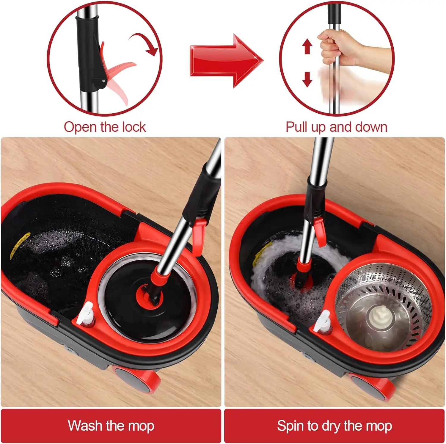 360 Spin Mop Bucket with 3 Microfiber Heads 61'  Handle  & Two Wheels