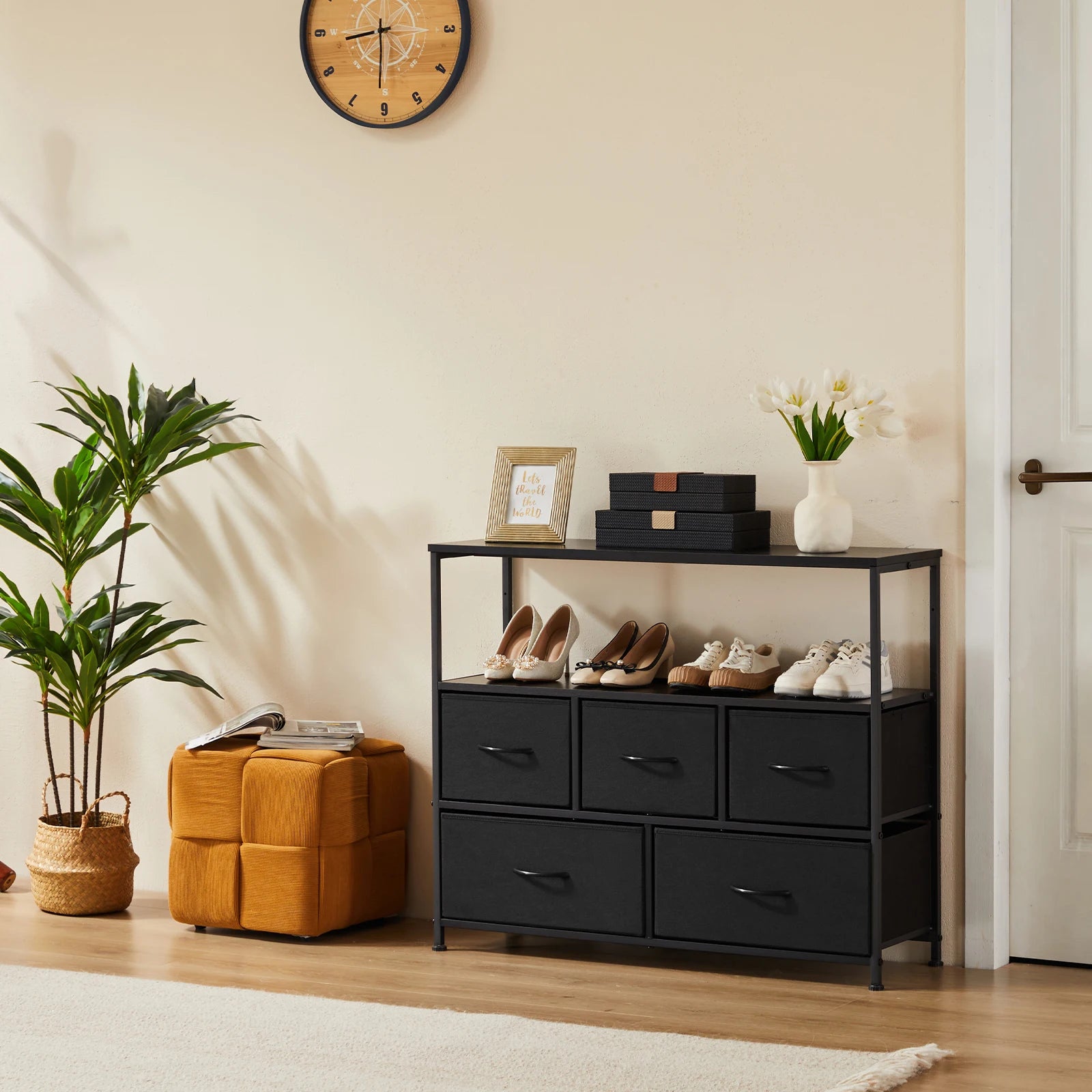 Shoe Cabinet Dresser With 5 Fabric Drawers Toy Storage TV Stand Multilayer Shoe Rack