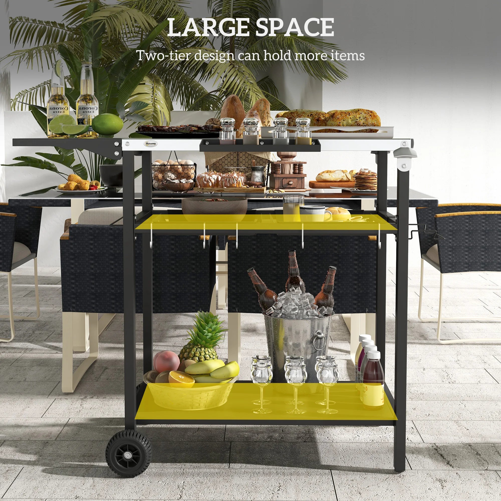Outdoor Bar Table w/ 2-Tier Shelf, Serving Cart w/ Wheels