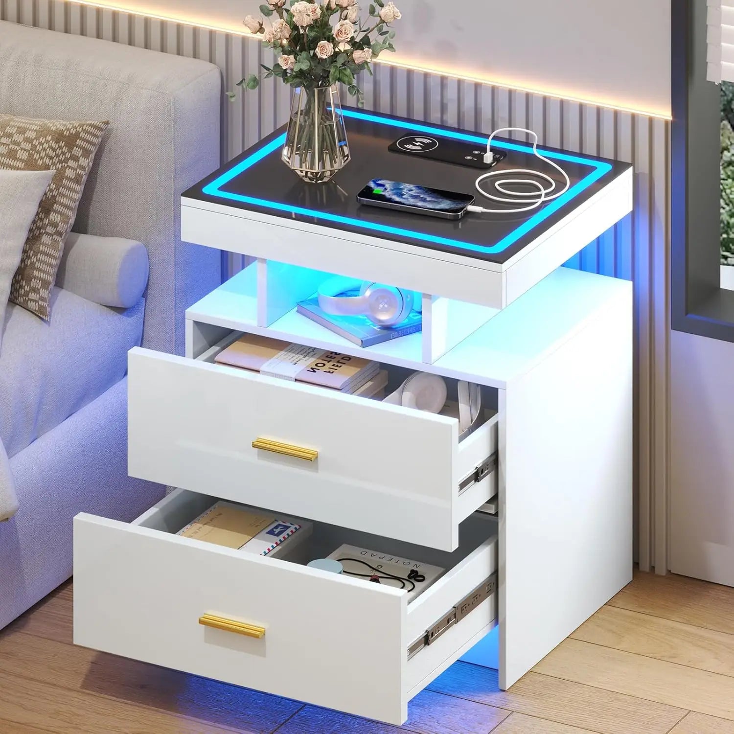 Black Night Stand Set 2  with Wireless Charging 3 Drawers Glass Top