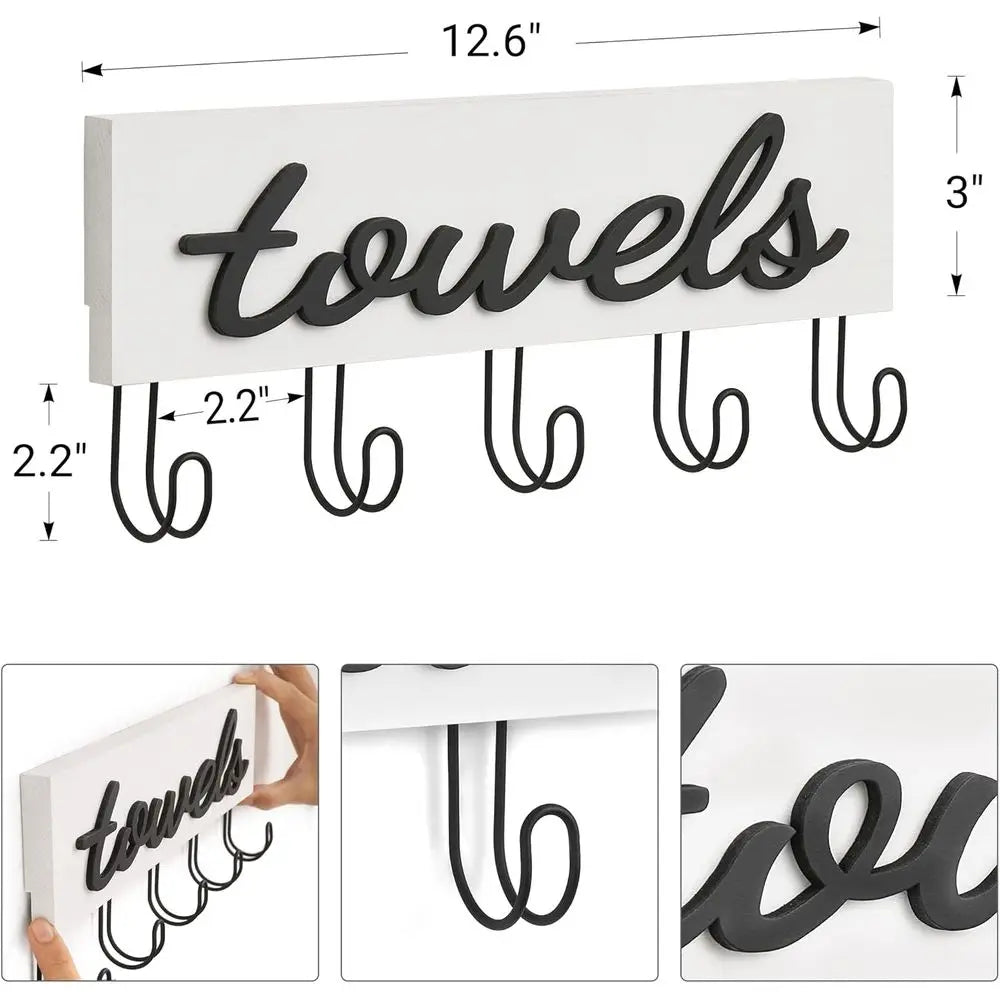 Rustic White Wood Wall-Mounted Towel Rack with Hooks