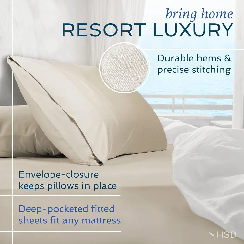 Cooling Bamboo Viscose Queen Bed Sheet Set with Two Pillowcases Breathable Moisture Wicking Soft White