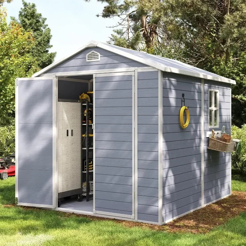 8 x 6 FT Outdoor Storage Resin Shed with Window, Floor & Lockable Doors, Waterproof Plastic Tool
